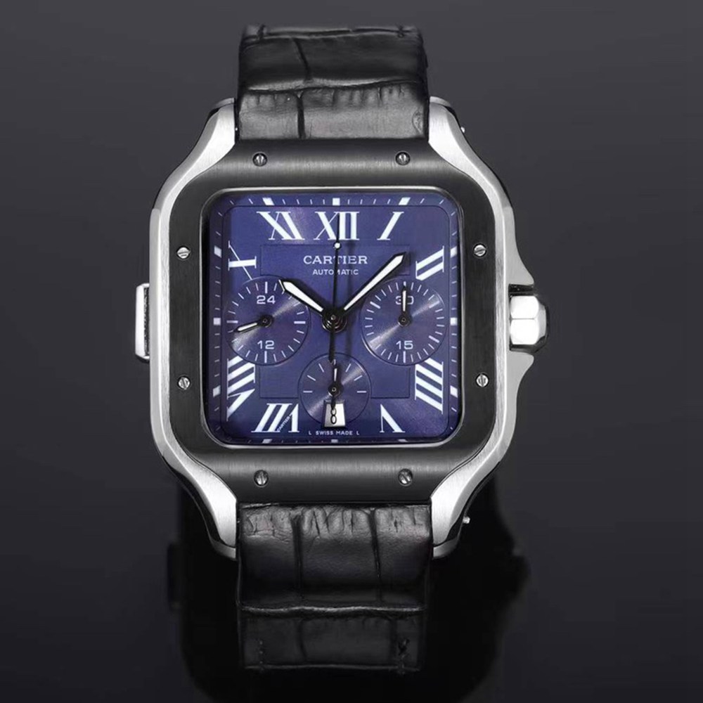 Cartier Santos WSSA0017 7750 full works automatic blue dial black leather 1:1 quality men watch WT15