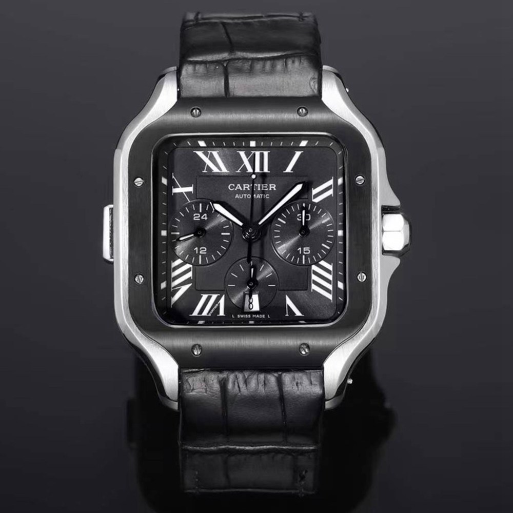 Cartier Santos 7750 chronograph functions black dial black leather men size stopwatch WT15