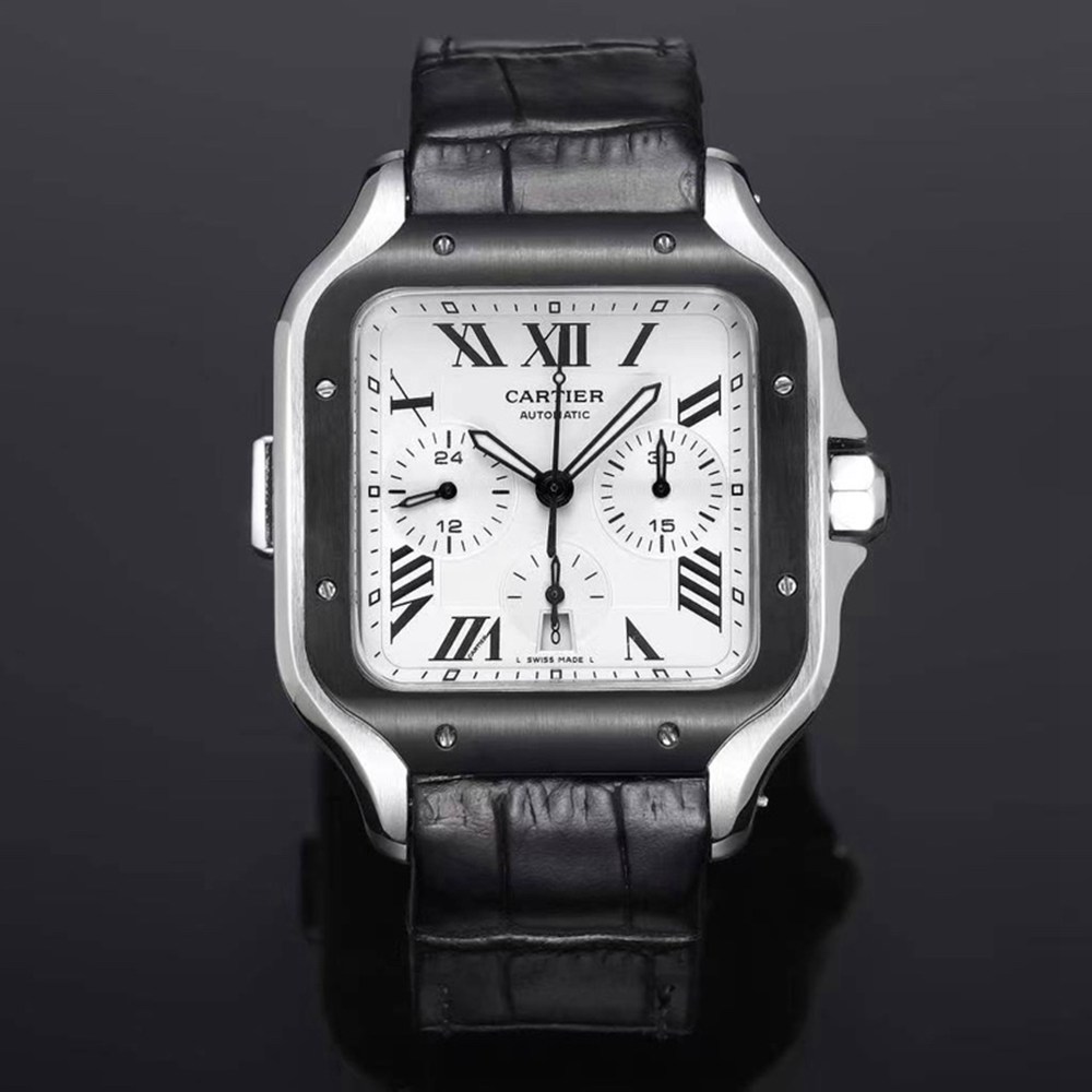Cartier santos 7750 automatic silver case black bezel white dial black leather men stopwatch WT15