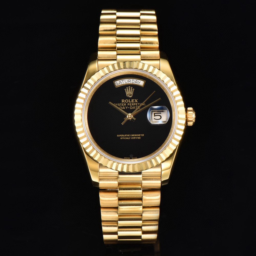 Daydate 118238 CS factory gold case 36mm black dial president strap fluted bezel sapphire crystal WS135