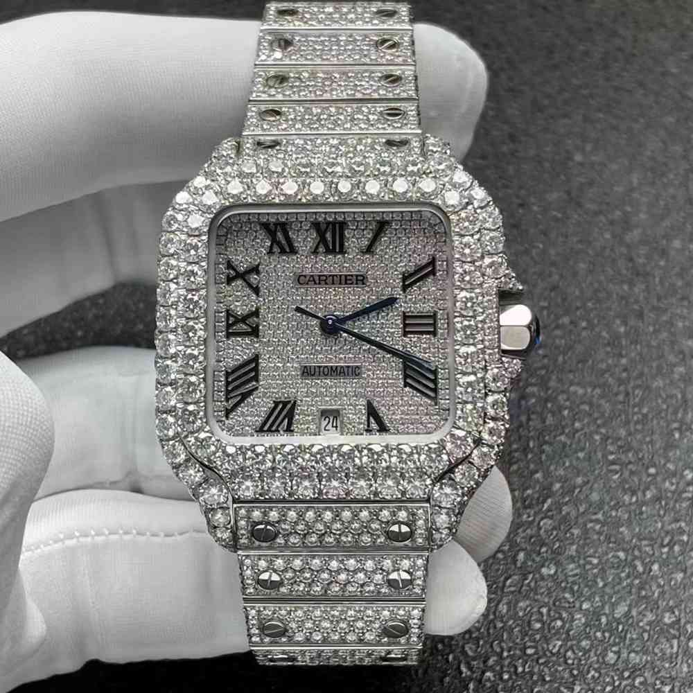 Cartier Santos Moissanite diamonds Roman numbers Miyota 9015 auto men shiny luxury watch M15