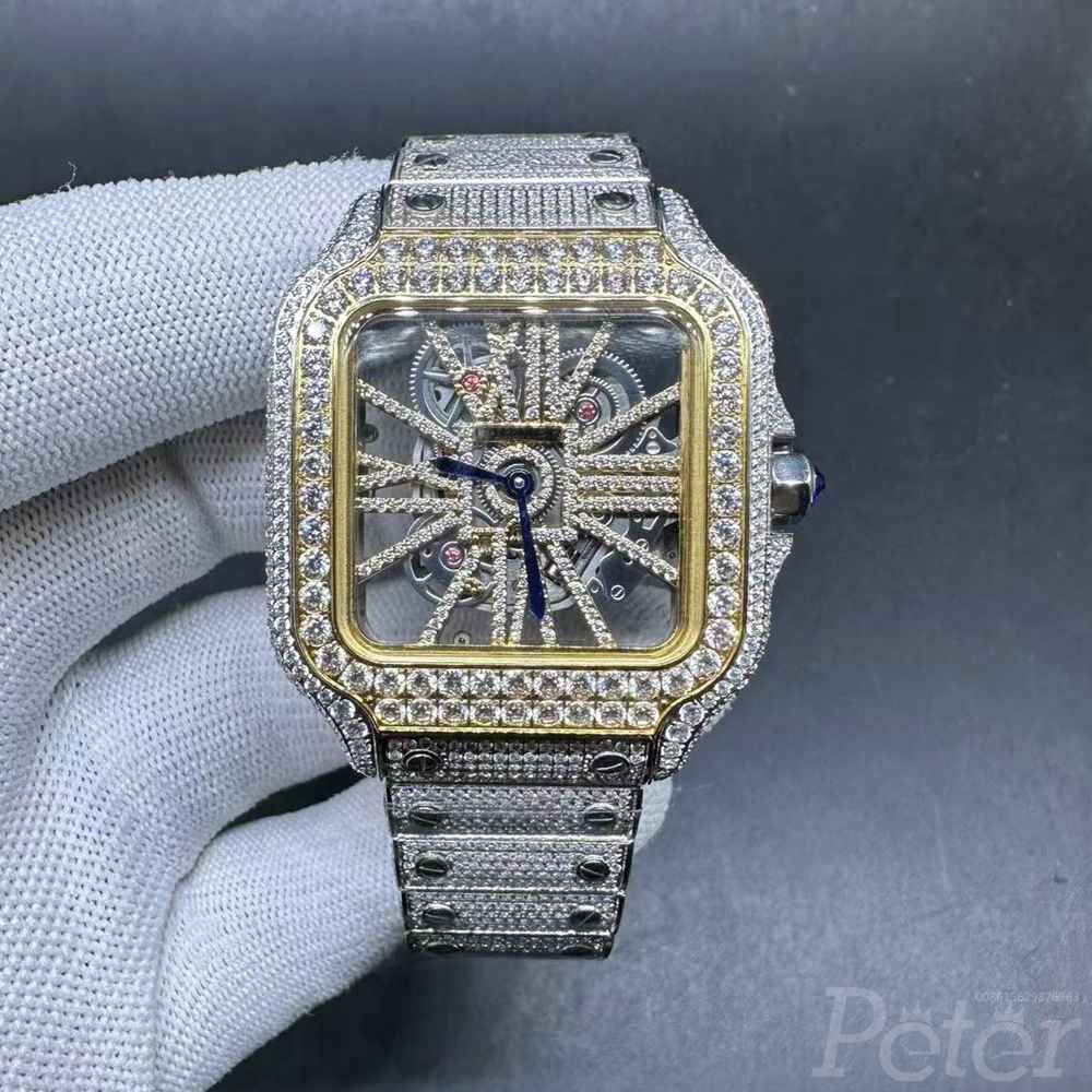 Cartier santos 2tone yellow gold skeleton case 38.5mm quartz movement diamonds everywhere BL20