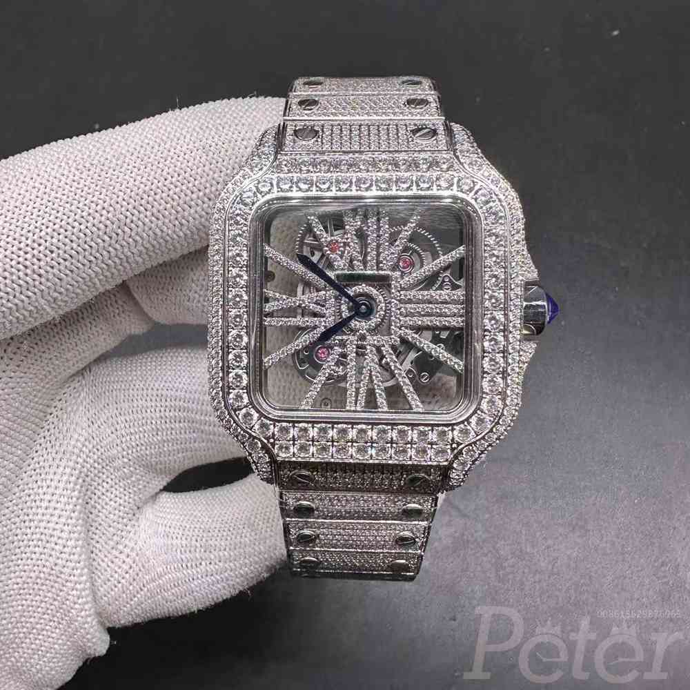Cartier santos skeleton CZ diamonds case 38.5mm quartz movement luxury shiny brand watch BL200
