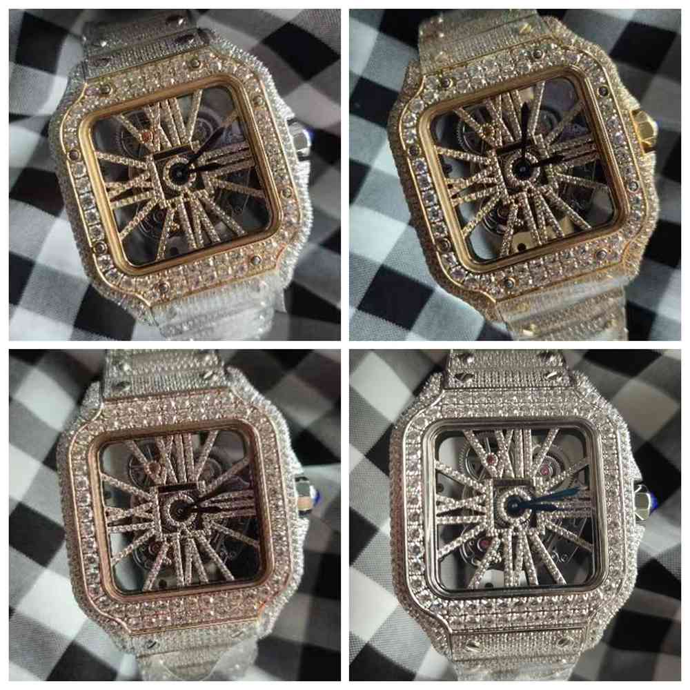 Cartier Santos bustdown diamonds skeleton case 38.5mm CZ stones quartz movement different colors BL20