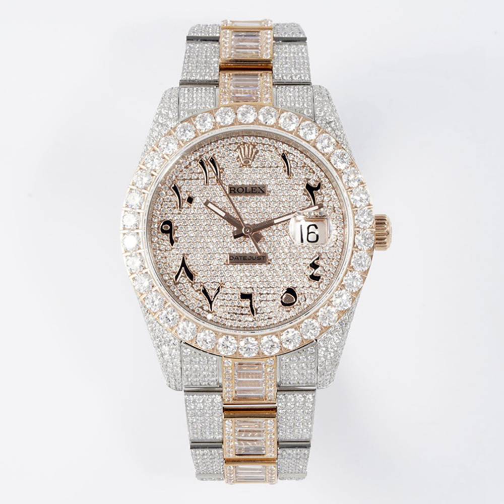 Datejust 41 iced out rose gold 2tone big stones bezel full swarovski diamonds Arabic number baguette strap TW factory 2824 automatic men shiny watch