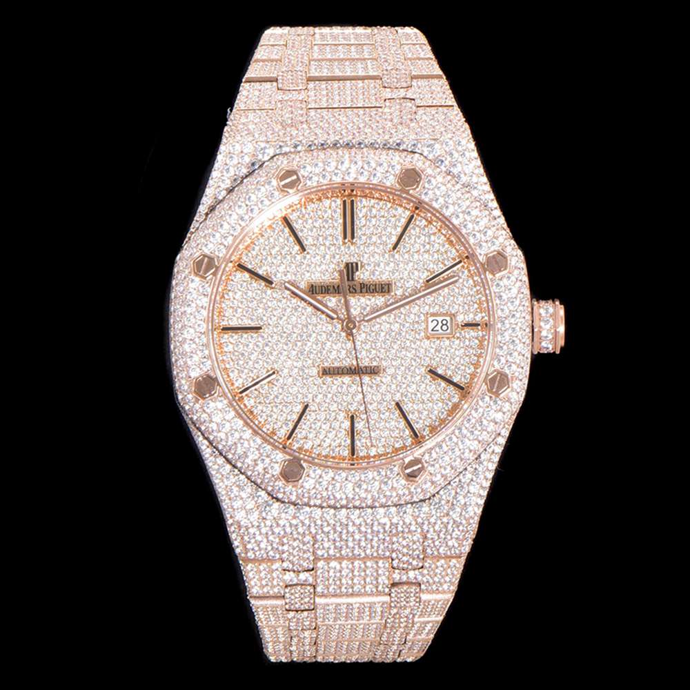 AP 15400 full rose gold case 41mm iced out bustdown diamonds TW factory Cal.3120 automatic shiny watch XD30
