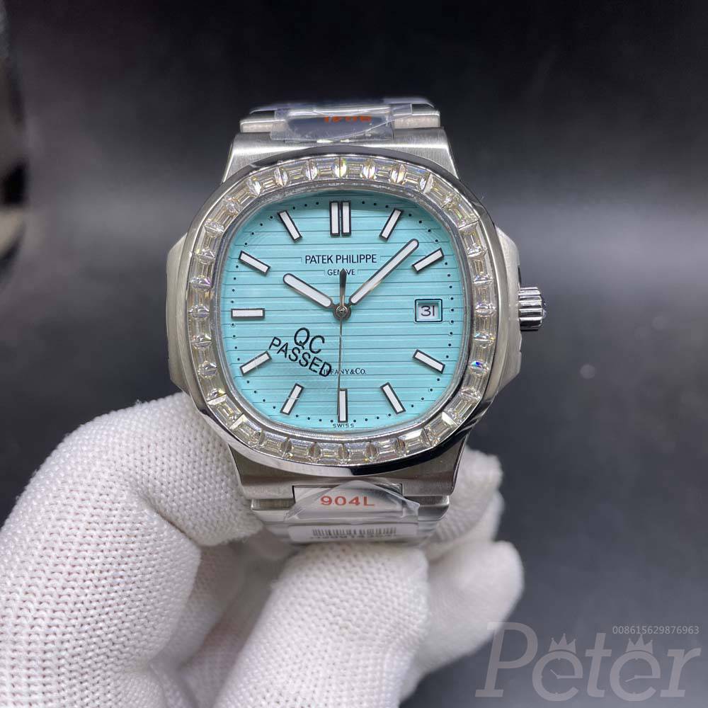 Patek 5711 AAA+ silver case 40mm baguette stones bezel tiffany blue dial 8215 movement good quality F053