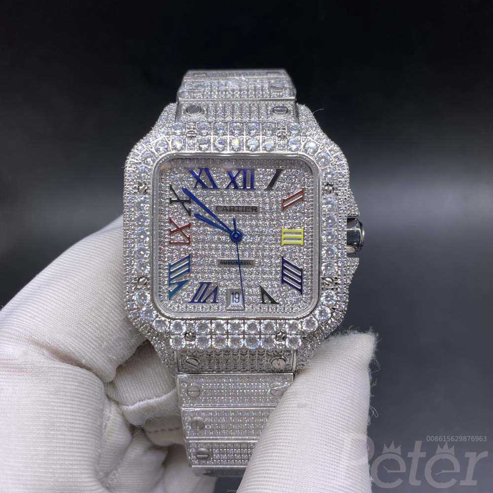 Cartier Santos big stones bezel rainbow Roman numbers CZ diamonds case automatic 8215 men watch M250