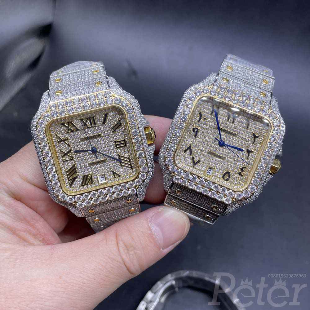 Cartier santos big stones bezel full diamonds two tone yellow gold case 38.5mm 8215 automatic men watches M25