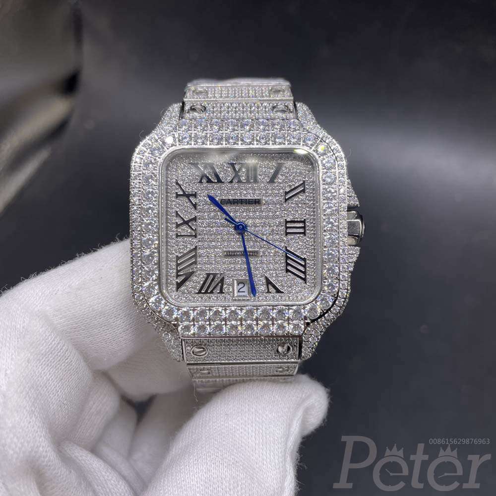 Cartier Santos full iced out big diamonds bezel 8215 automatic 38.5mm men watch Roman numbers M250