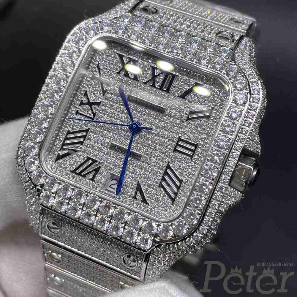 Cartier Santos full iced out big diamonds bezel 8215 automatic 38.5mm men watch Roman numbers M250