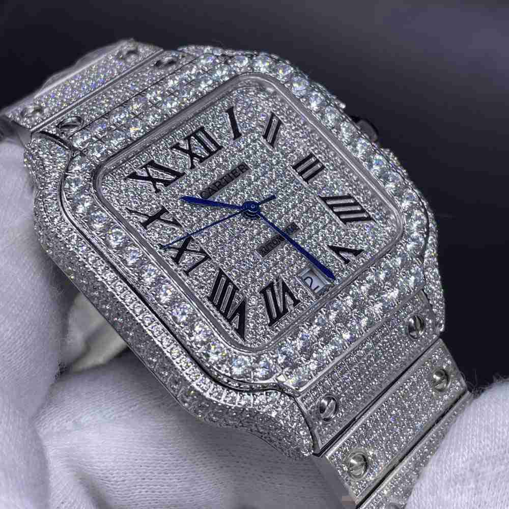 Cartier Santos full iced out big diamonds bezel 8215 automatic 38.5mm men watch Roman numbers M250