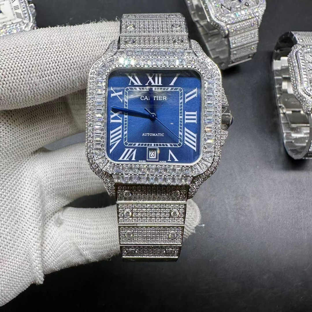 Cartier Santos full diamonds baguette stones bezel blue Roman numbers dial men 8215 automatic shiny watch