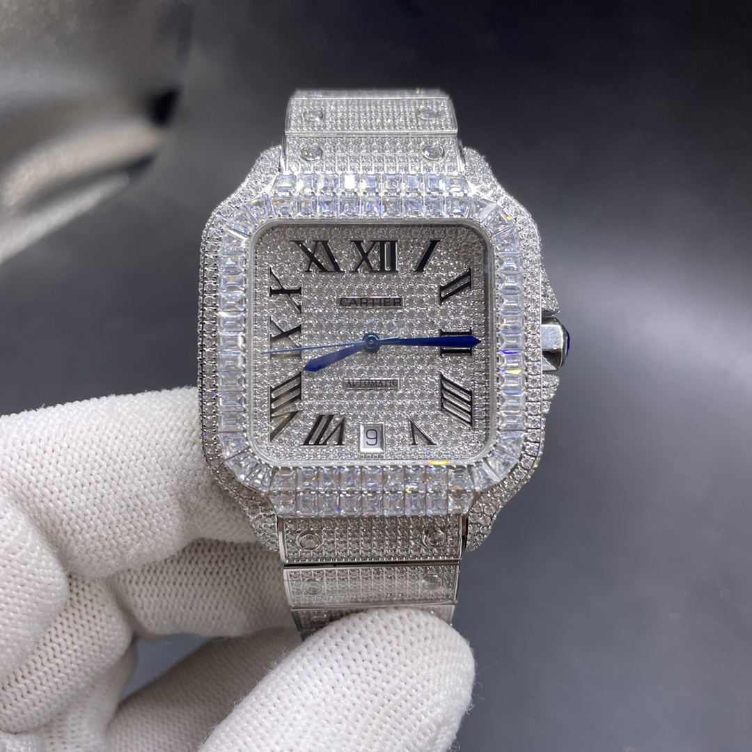 Cartier Santos full diamonds case baguette stones bezel diamonds and Roman dial 8215 automatic men shiny watch