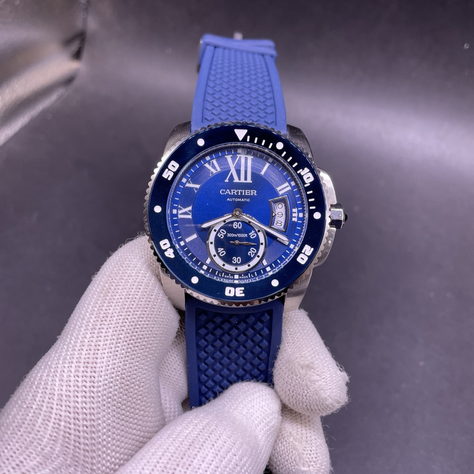 Cartier Calibre Diver AAA automatic silver case 44mm blue dial blue bezel blue rubber strap 115$