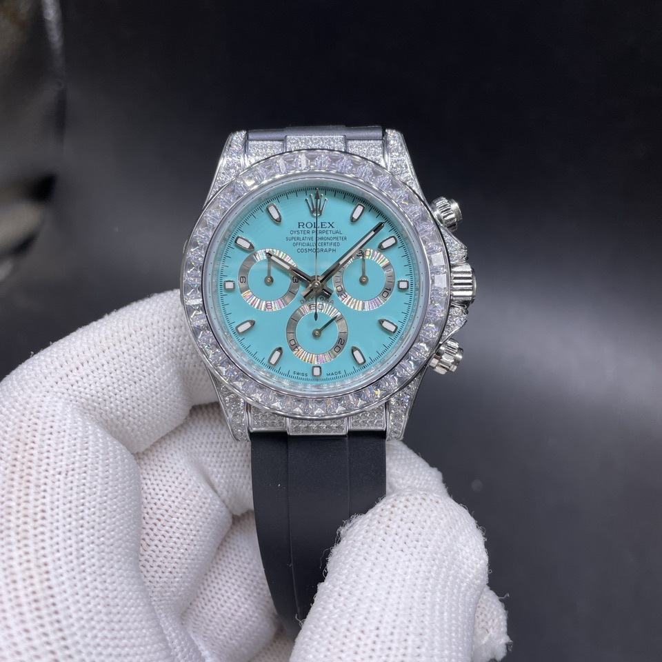 Rolex Daytona TW factory 7750 movement Baguette diamonds bezel Tiffany blue dial Oysterflex black strap