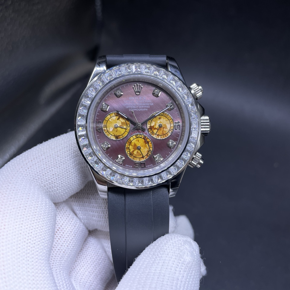 Rolex Daytona AAA 2813 movement Steel case 40mm baguette diamonds bezel Purple and Yellow dial oysterflex rubber strap  115$