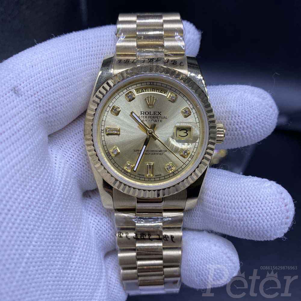 DayDate AAA 2813 automatic full yellow gold case 36mm gold dial fluted bezel president bracelet S03