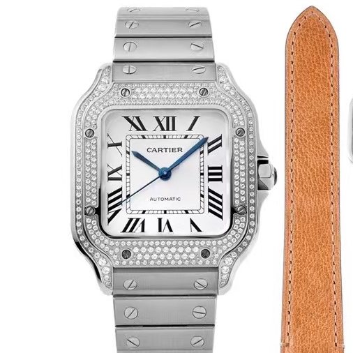 Cartier Santos BV factory 1:1 quality diamonds silver case women size 35mm white dial come with leather strap F215
