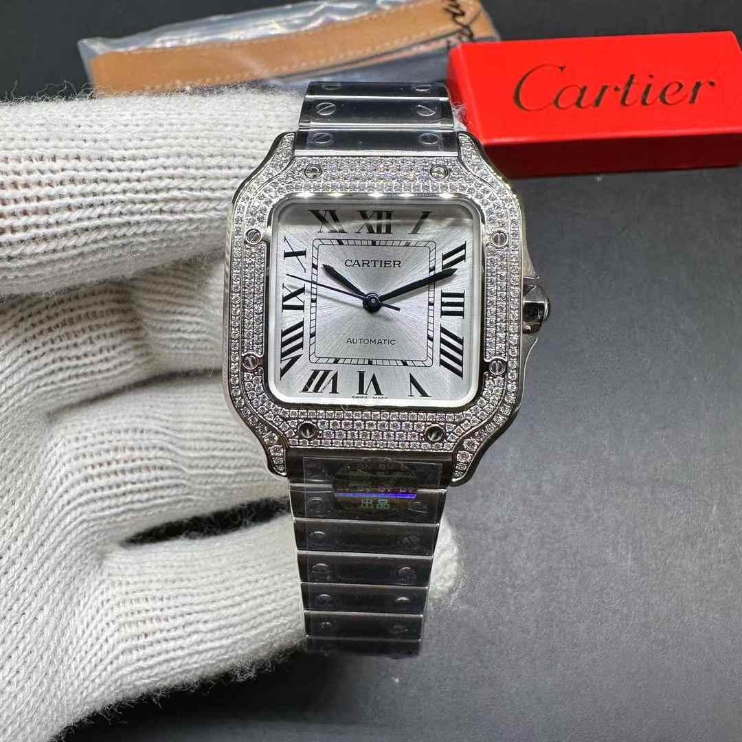 Cartier Santos BV factory 9015 automatic Diamonds steel case 35mm diamonds bezel Roman silver dial steel bracelet Come with a Leather Strap 470$
