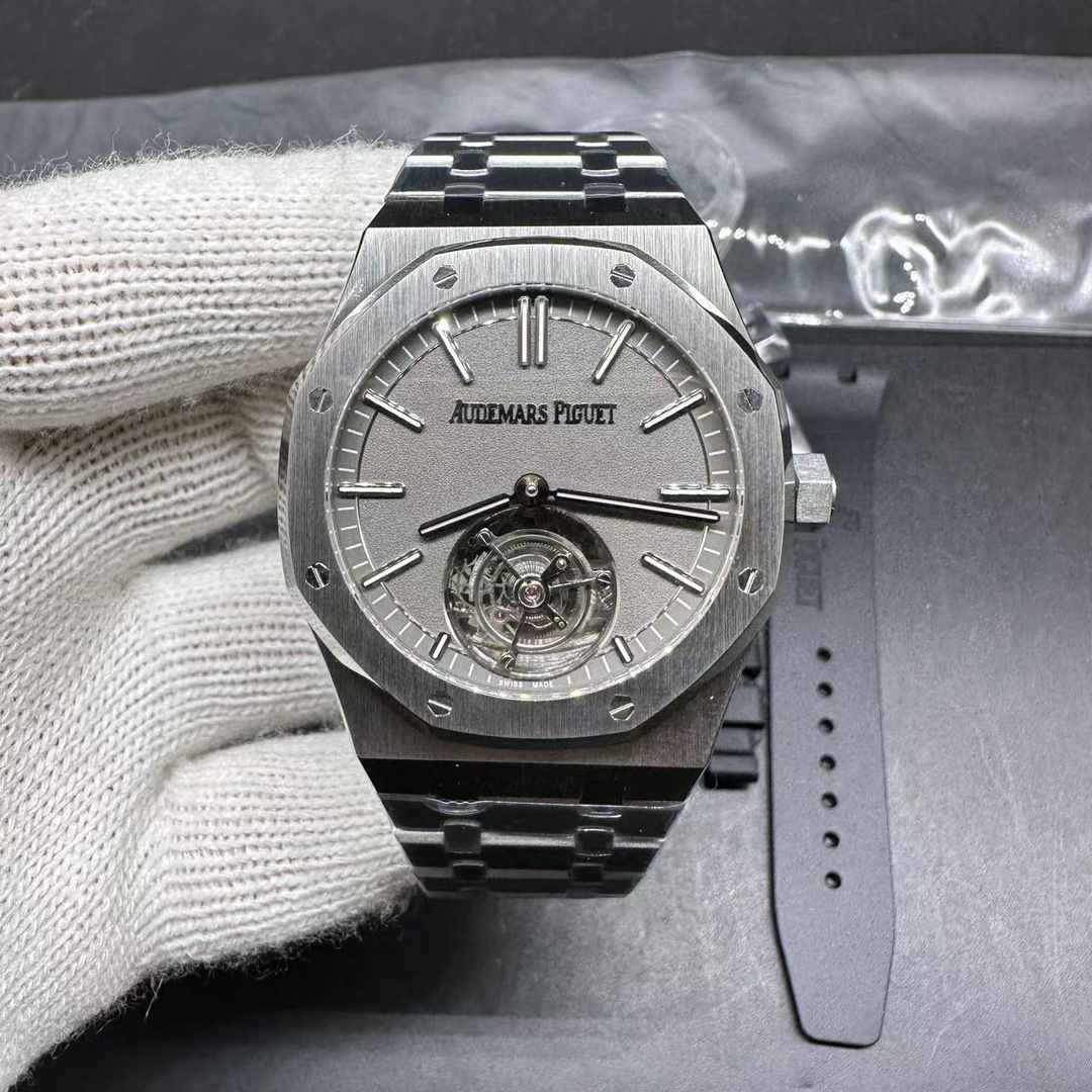 AP Royal Oak 26530TI R8 factory Flying Tourbillon movement Steel case 41mm Sandblasted Slate Grey dial with extra rubber strap.