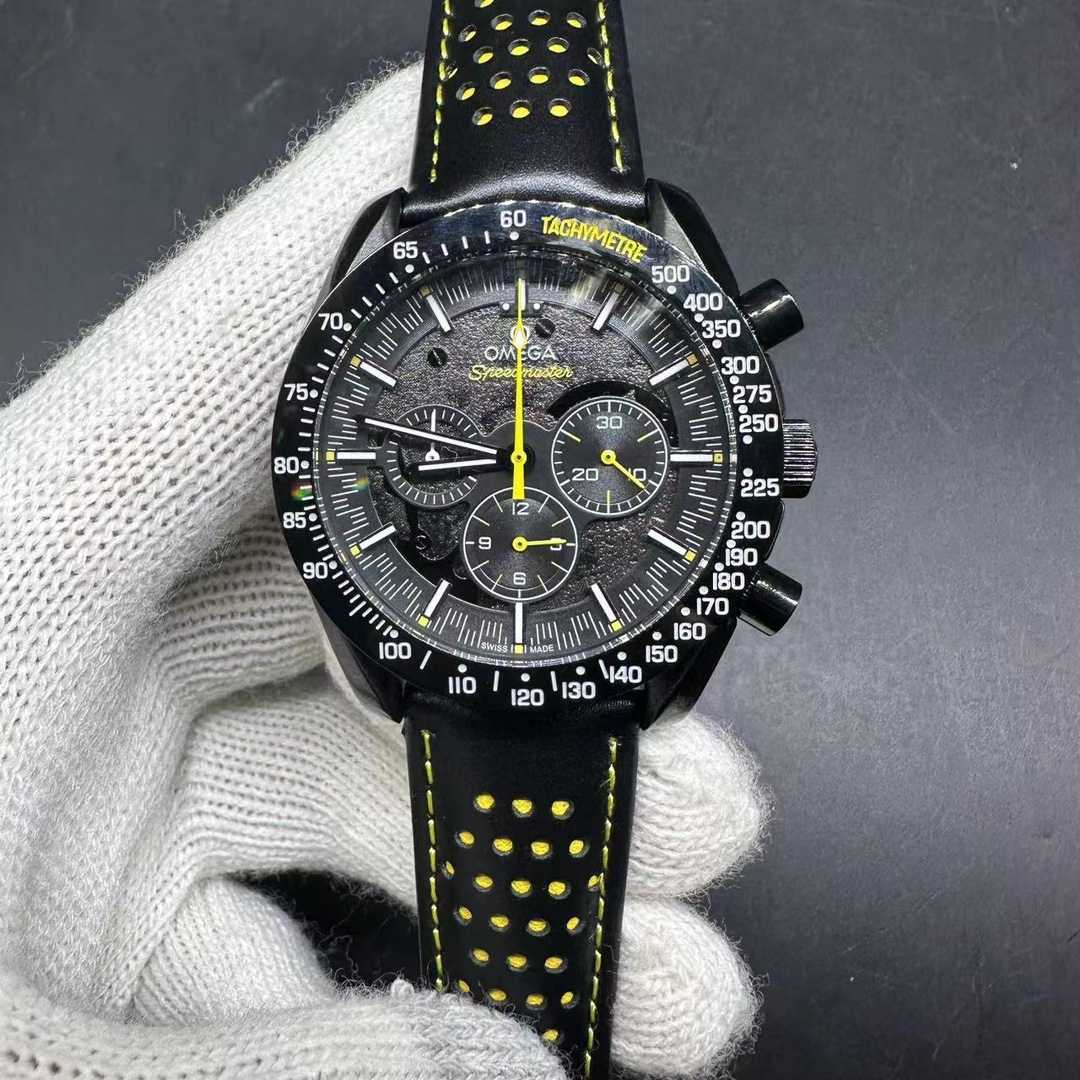 Omega Speedmaster Dark side of the Moon AAA quartz movement Black case 43mm Black dial Black leather strap with yellow lines men’s stopwatch  115$