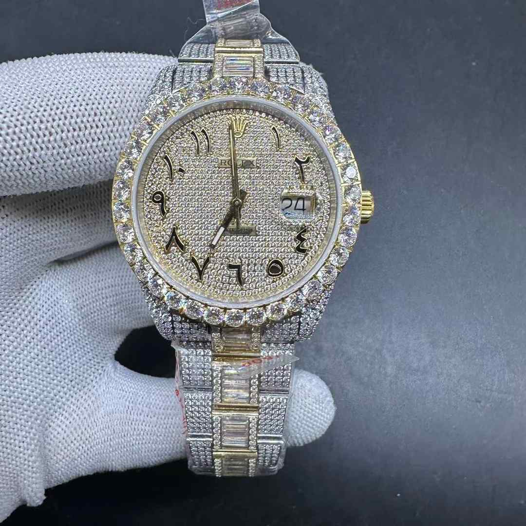 Rolex Datejust full diamonds yellow gold 2tone color 41mm CZ stones face Arabic numbers TW 2824 automatic baguette diamonds oyster bracelet  550$