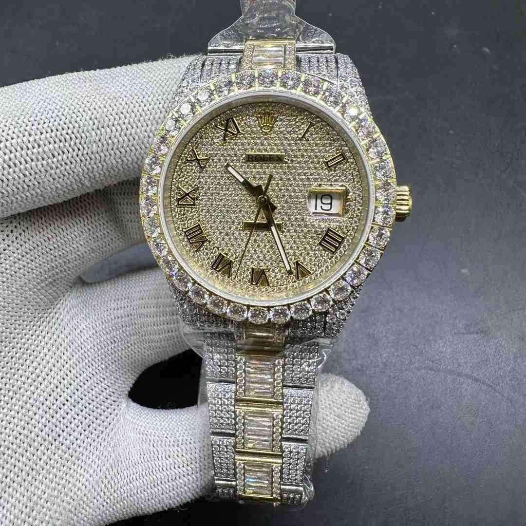 Rolex Datejust Full diamonds TW factory 2824 automatic Two tone yellow gold 41mm Roman diamonds face baguette stones Oyster bracelet