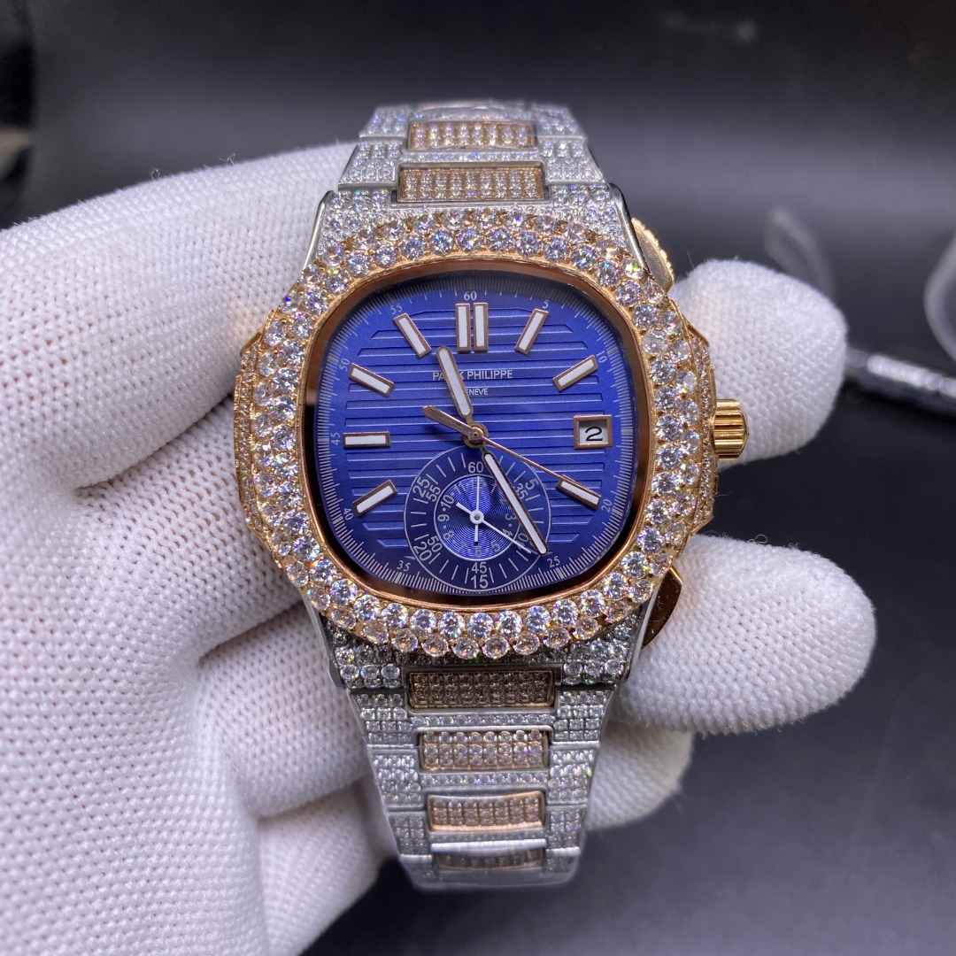 Patek Nautilus 5980 full diamonds AAA automatic rose gold 2tone color case 40mm Blue dial (2 press buttons not work) 498usd
