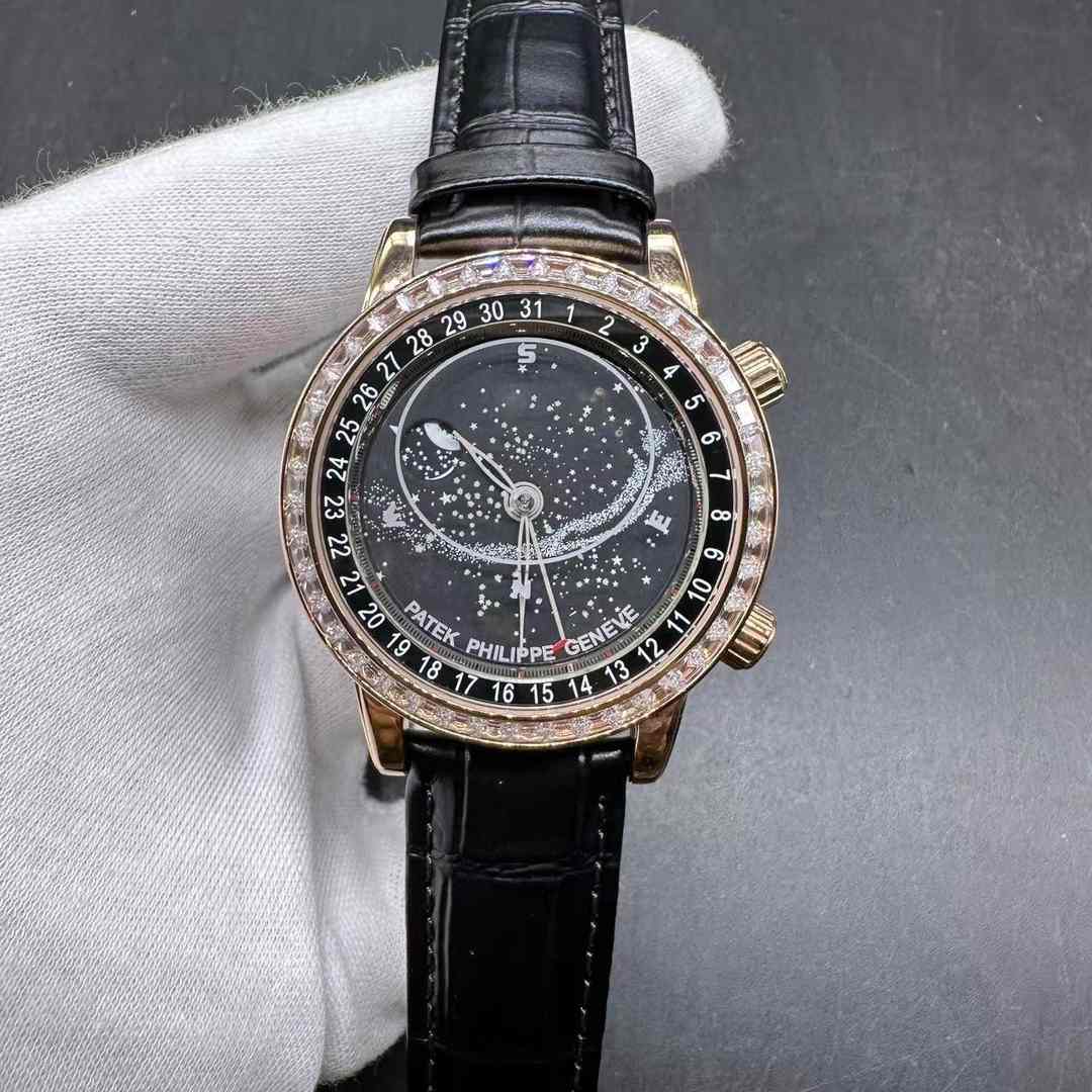 Patek 6102 Grand Complications YL factory Rose gold case 42mm baguette diamonds bezel Black dial with Celestial Moon age watch Black leather strap  350$