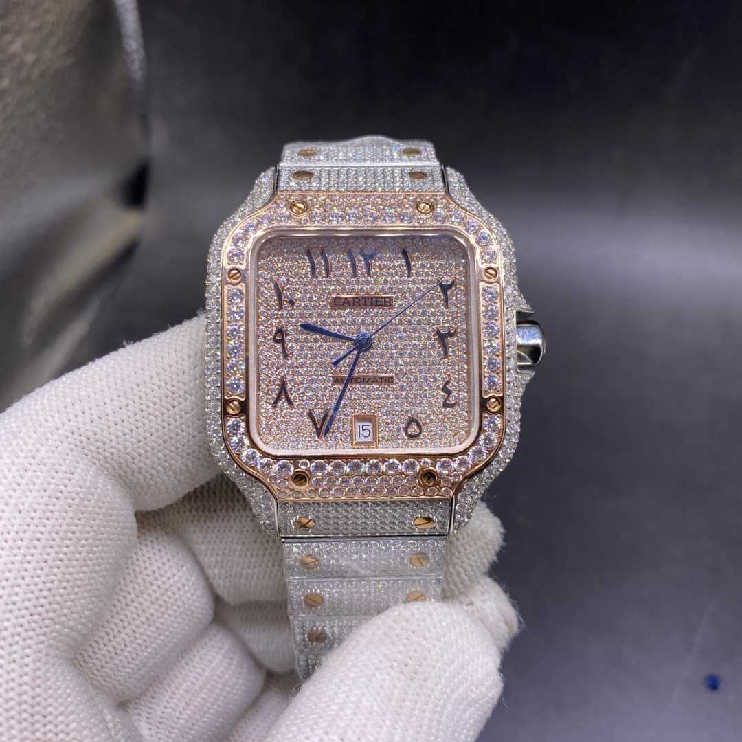 Cartier Santos bustdown diamonds TW factory automatic Rose gold 2tone Swarovski diamonds Arabic numbers 38.5mm