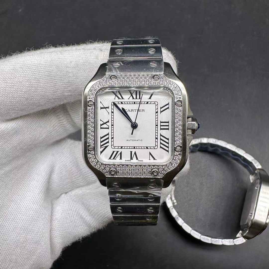 Cartier Santos lady AAA automatic Steel case 34mm Diamonds bezel white dial No date women watch