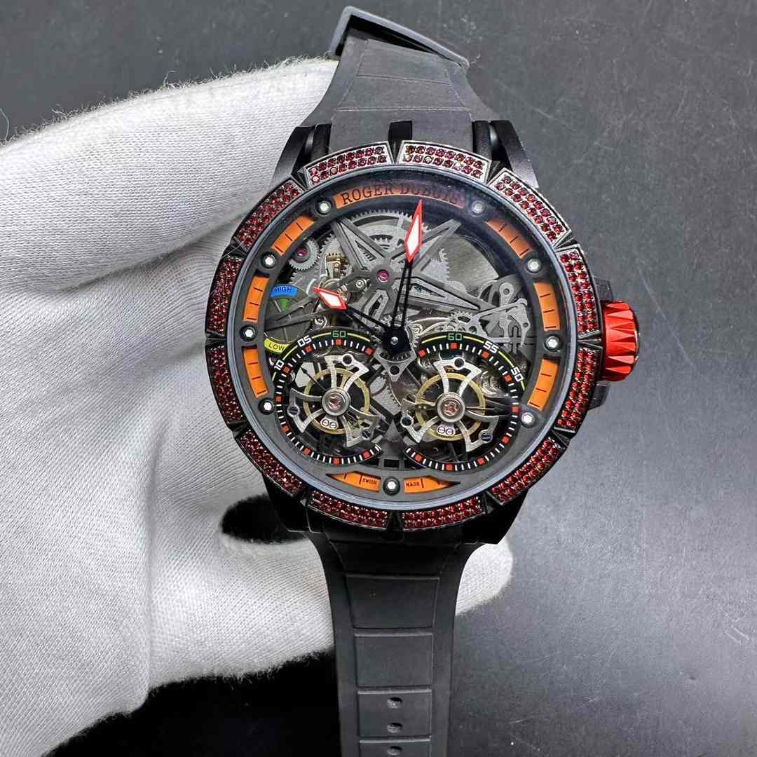 Roger Dubuis AAA fake tourbillon Automatic movement Black case Diamonds red bezel Black rubber strap men’s watch 190$