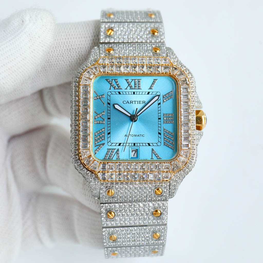 Cartier Santos Miyota 8215 movement Yellow gold 2tone diamonds case 39.8x13.5mm Baguette stones bezel Roman blue face