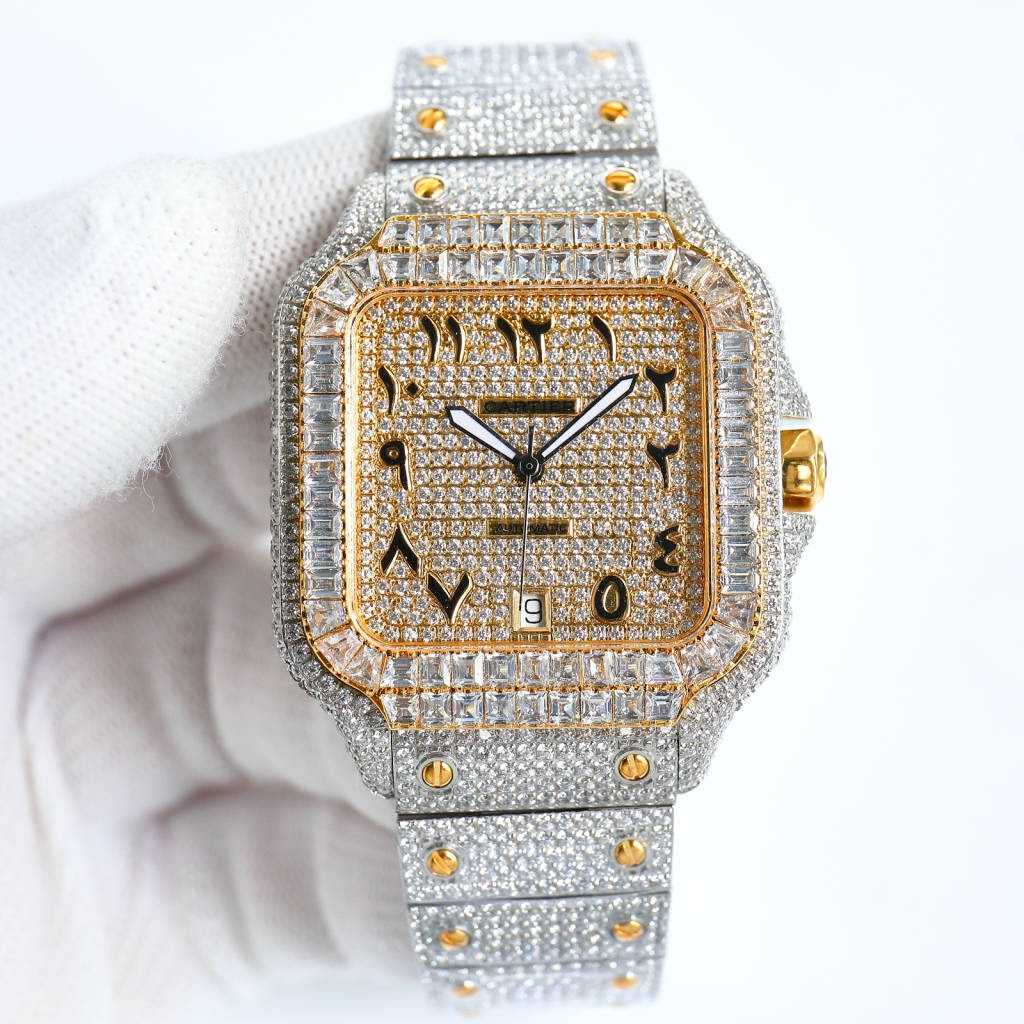 Cartier Santos Miyota 8215 movement Yellow gold 2tone diamonds case 39.8x13.5mm Baguette stones bezel Arabic gold face