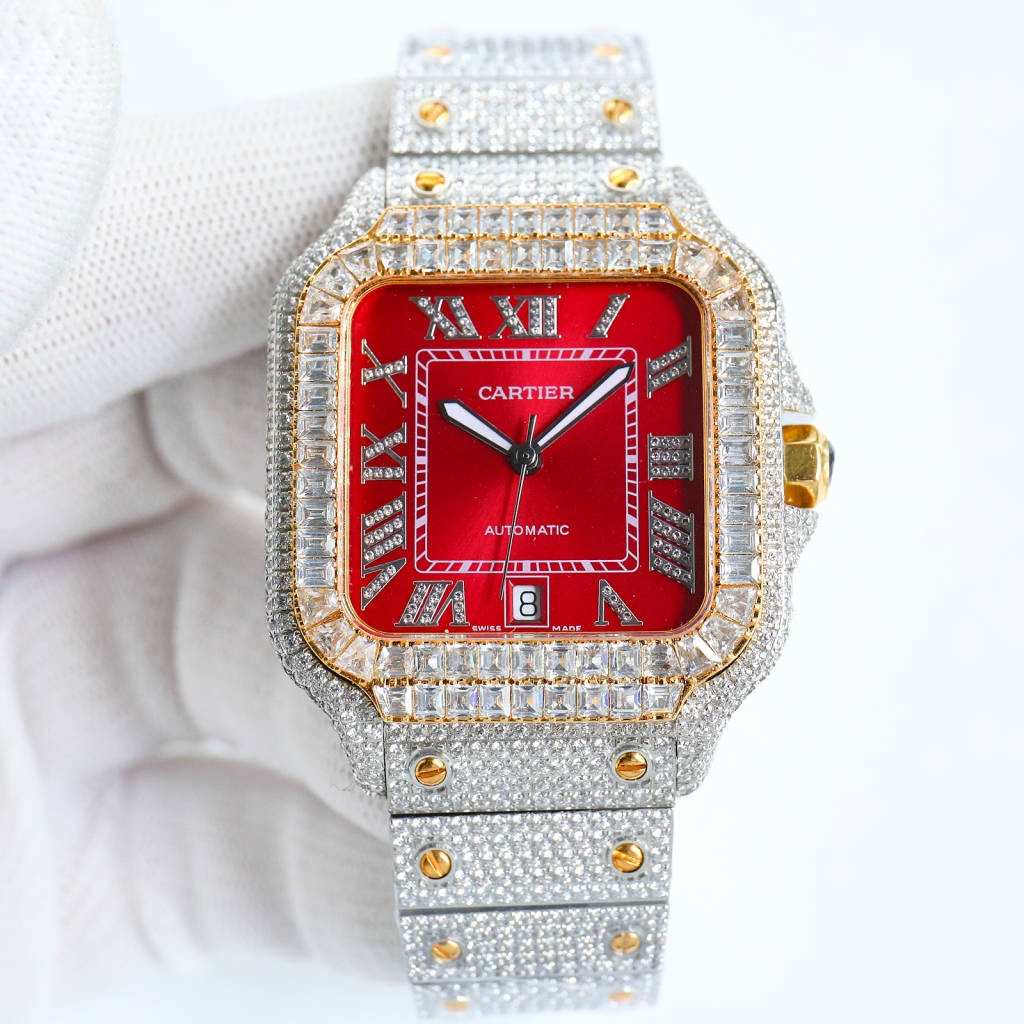 Cartier Santos Miyota 8215 movement Yellow gold 2tone diamonds case 39.8x13.5mm Baguette stones bezel Roman red face