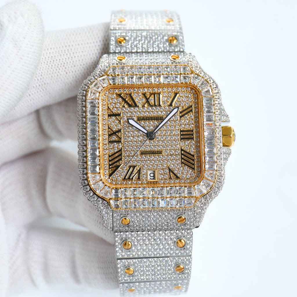 Cartier Santos Miyota 8215 movement Yellow gold 2tone diamonds case 39.8x13.5mm Baguette stones bezel Roman gold face