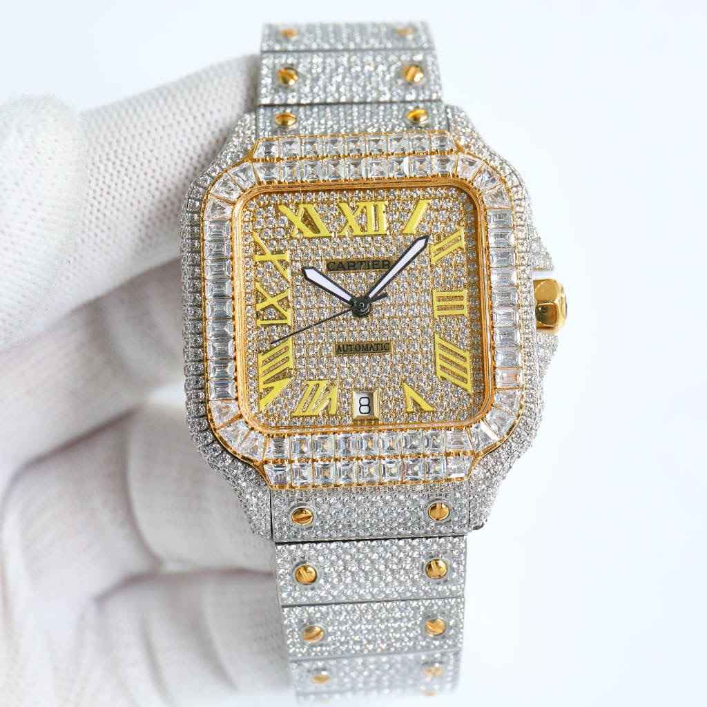 Cartier Santos Miyota 8215 movement Yellow gold 2tone diamonds case 39.8x13.5mm Baguette stones bezel yellow Roman numbers