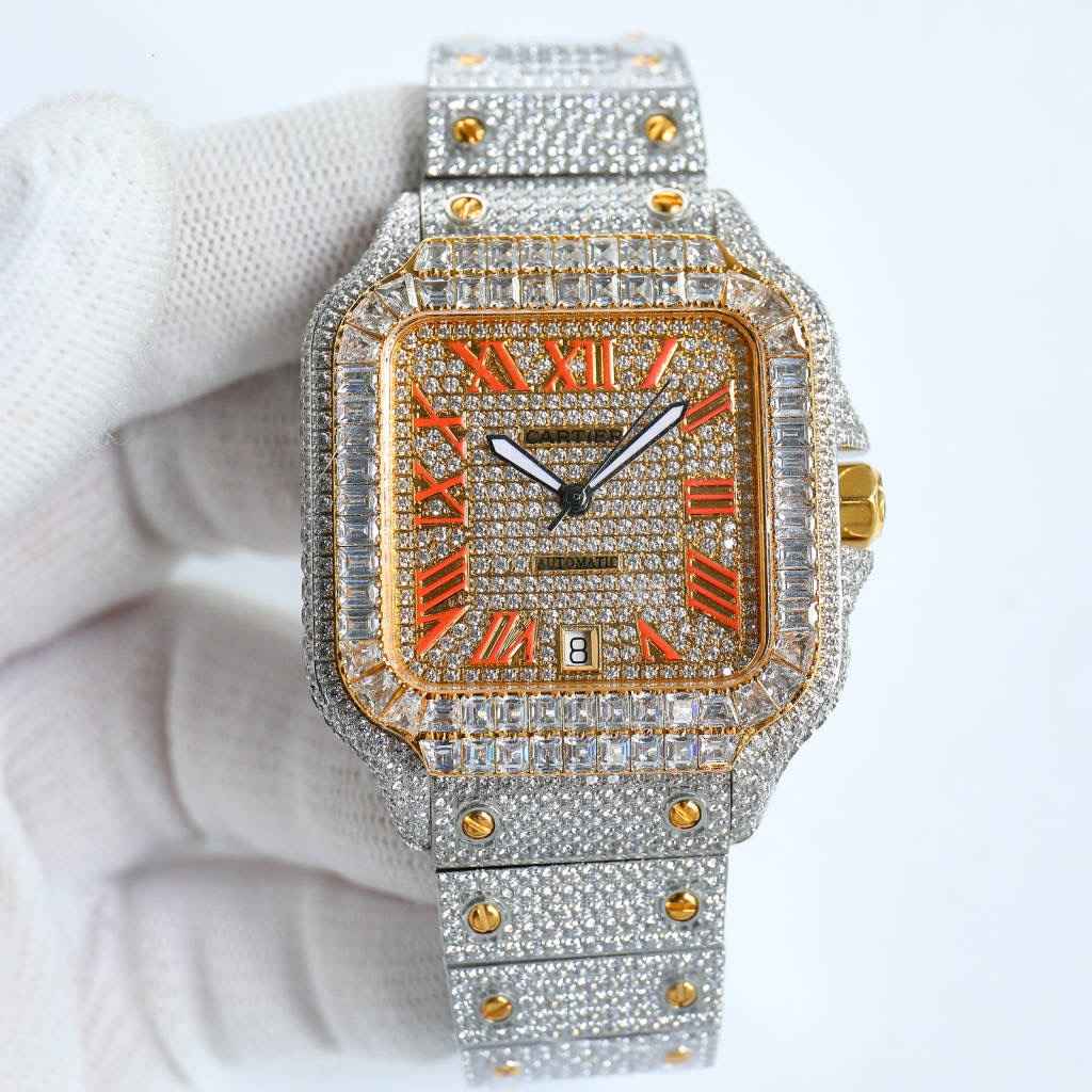 Cartier Santos Miyota 8215 movement Yellow gold 2tone diamonds case 39.8x13.5mm Baguette stones bezel Red Roman numbers