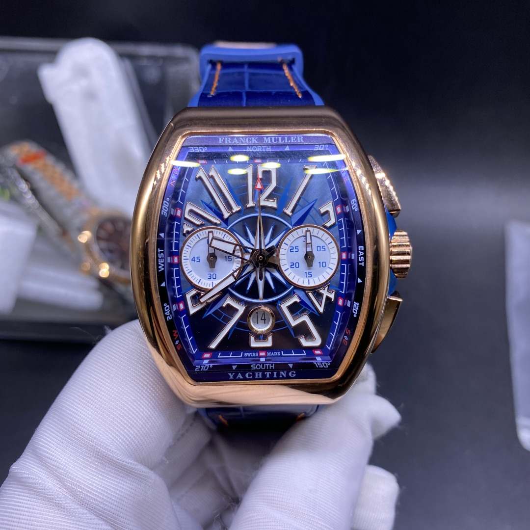 Frank Muller FM V45 Chronograph 7750 movement Rose gold case 44mm Blue dial Blue leather strap men's stopwatch