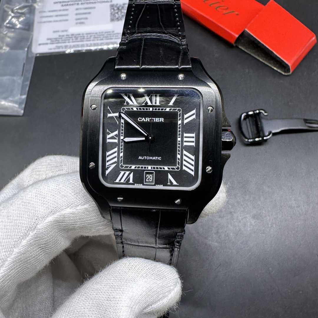 Cartier Santos BV factory 9015 movement thin Black case 38.5mm Black dial Black leather strap 350$