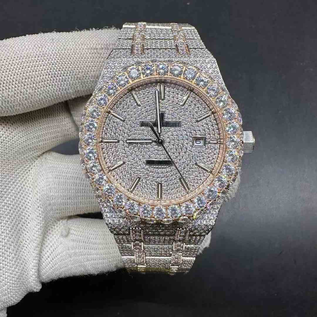 AP Royal Oak 15400 automatic 8215 movement full CZ diamonds rose gold 2tone case 42mm shiny men’s watch 350$