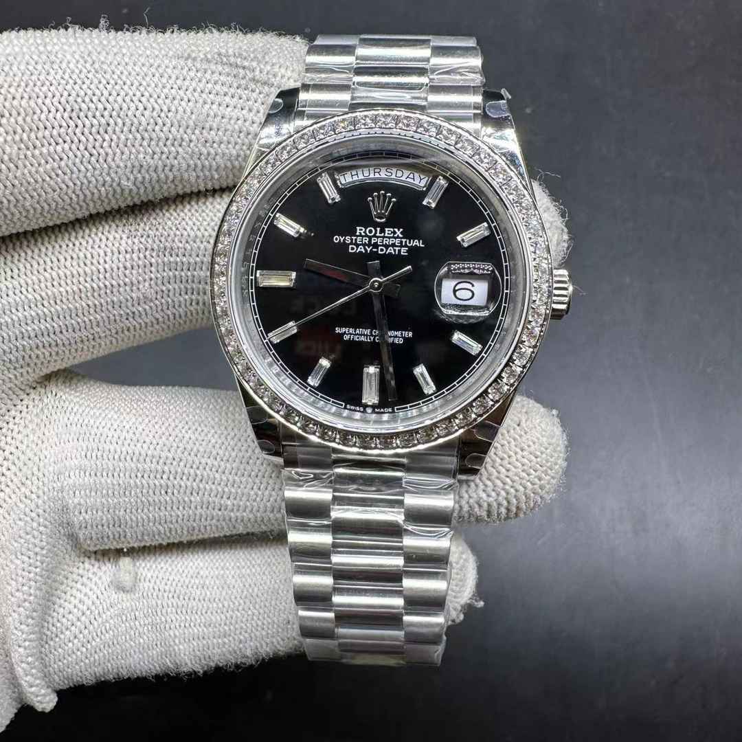 Rolex Daydate 228349 BP factory 2813 movement Steel case 40mm Diamonds bezel Baguette stones numbers sapphire crystal President bracelet