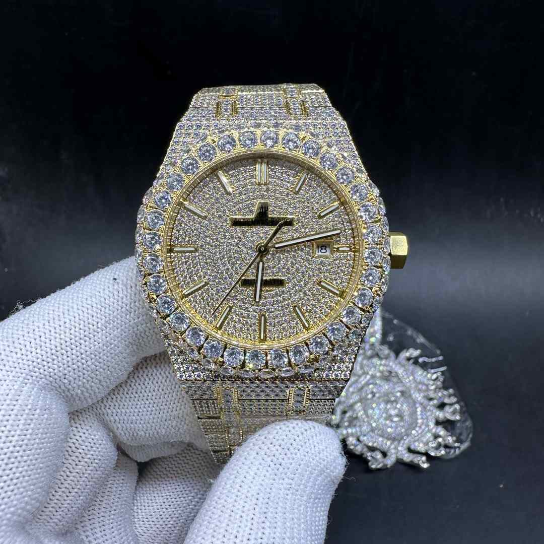 AP Royal Oak 15400 Miyota 8215 movement Yellow gold case 42mm Full CZ diamonds Prongset big stones bezel