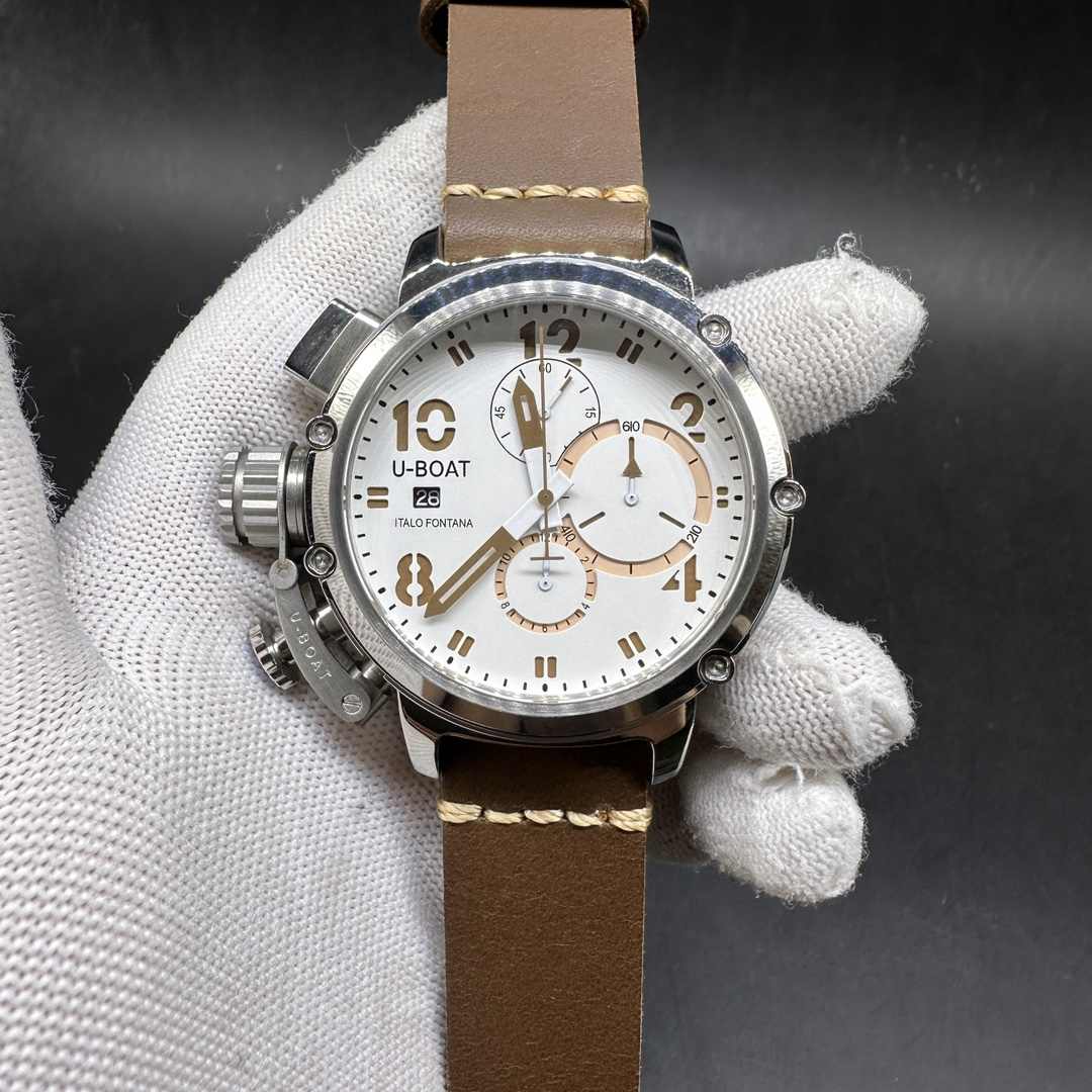 U-Boat Italo Fontana AAA chronograph quartz movement Steel case 50mm big size White dial Brown leather strap