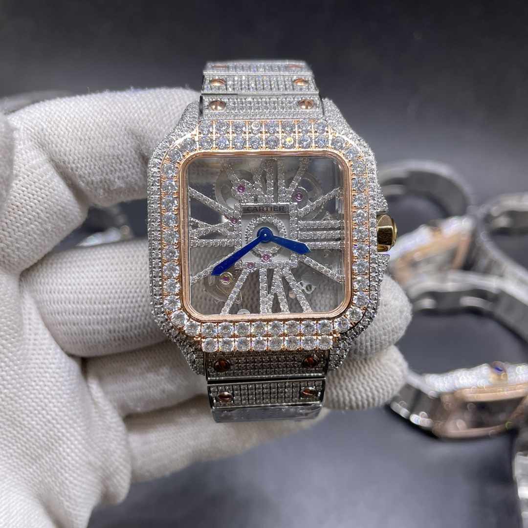 Cartier Santos skeleton full diamonds 2tone rose gold case 38.5mm big stones bezel quartz movement  C65