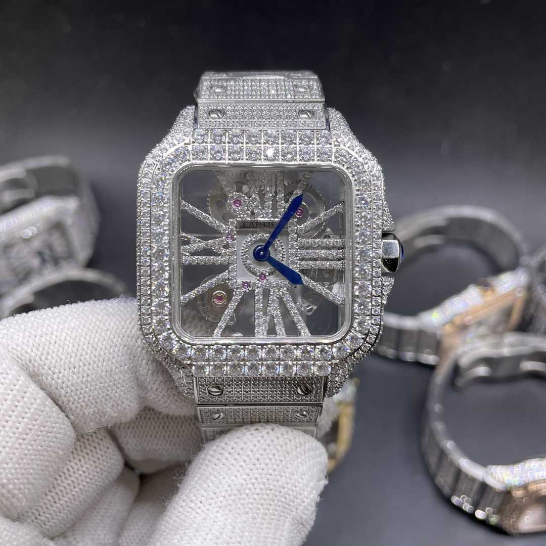 Cartier Santos big stones bezel skeleton iced out silver case diamonds dial quartz movement C65