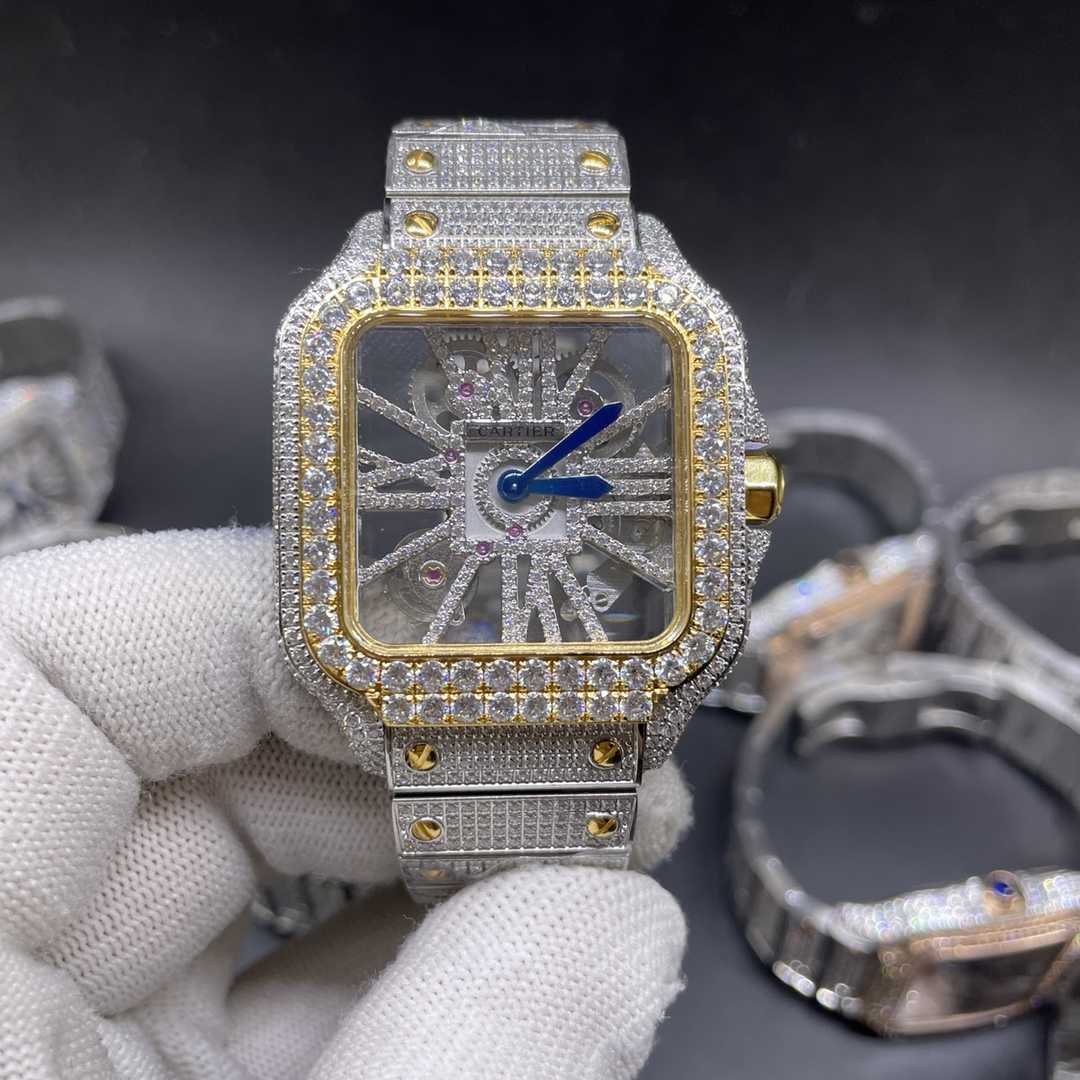 Cartier Santos big stones bezel diamonds skeleton 2tone yellow gold quartz movement