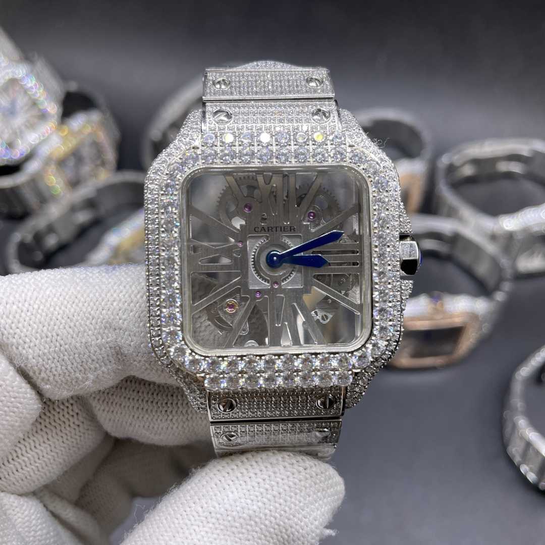 Cartier Santos big stones bezel regular silver skeleton dial diamonds case quartz movement