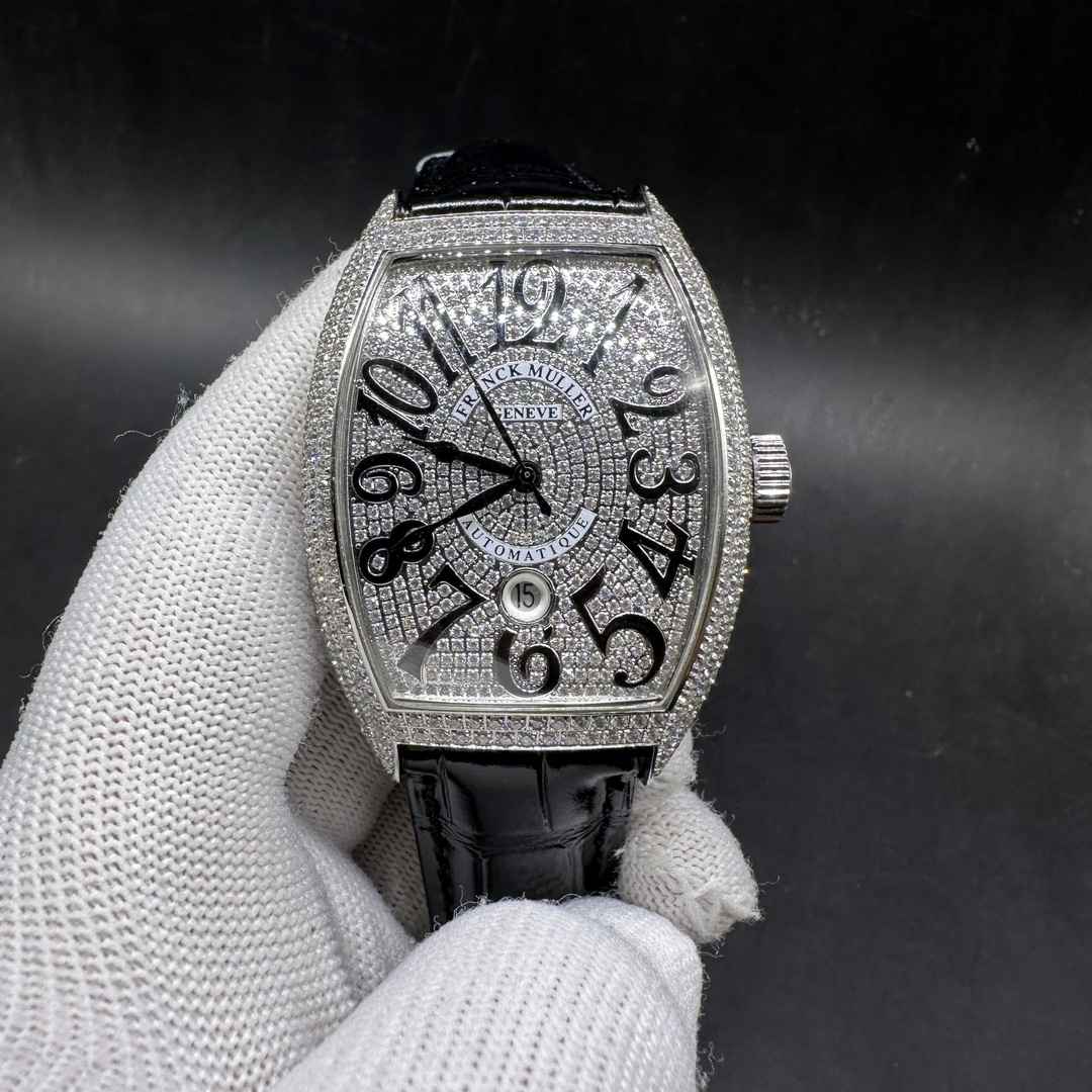 Franck Muller FM 8880 Casablanca AAA+ 8215 automatic CZ diamonds silver case 38.5*46mm diamonds face Black leather strap A70